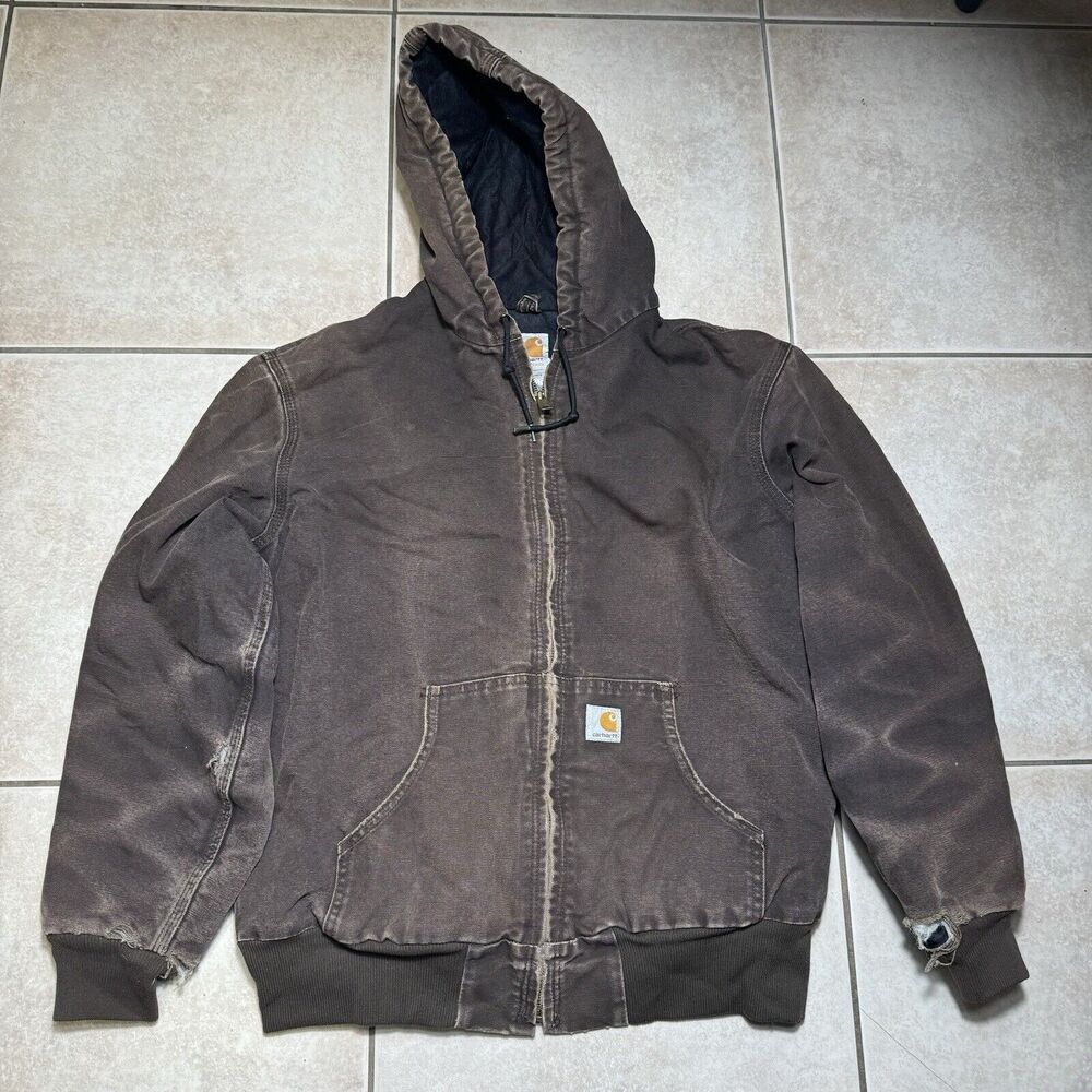 RARE VTG Carhartt Duck Jacket Men's Large Quilted Hooded Distressed Brown